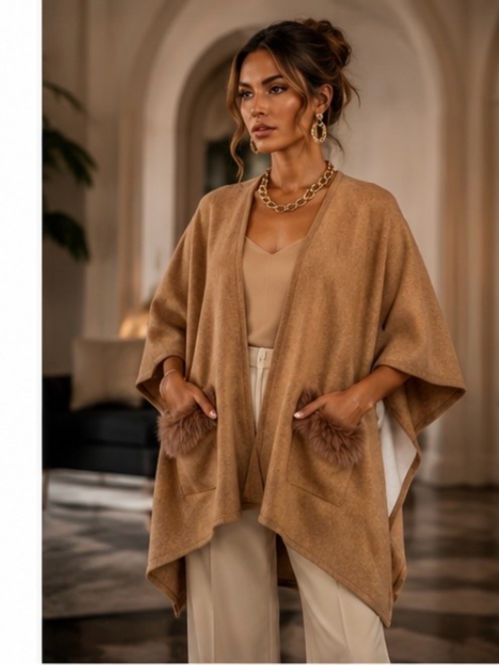 Camel Wool Blend Cape Poncho with Faux Fur Pockets One Size